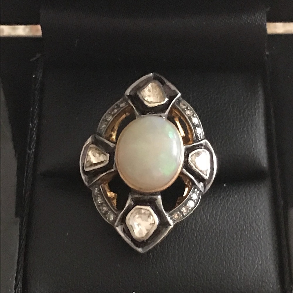 NEW 14k yellow gold opal & diamond ring sz 7